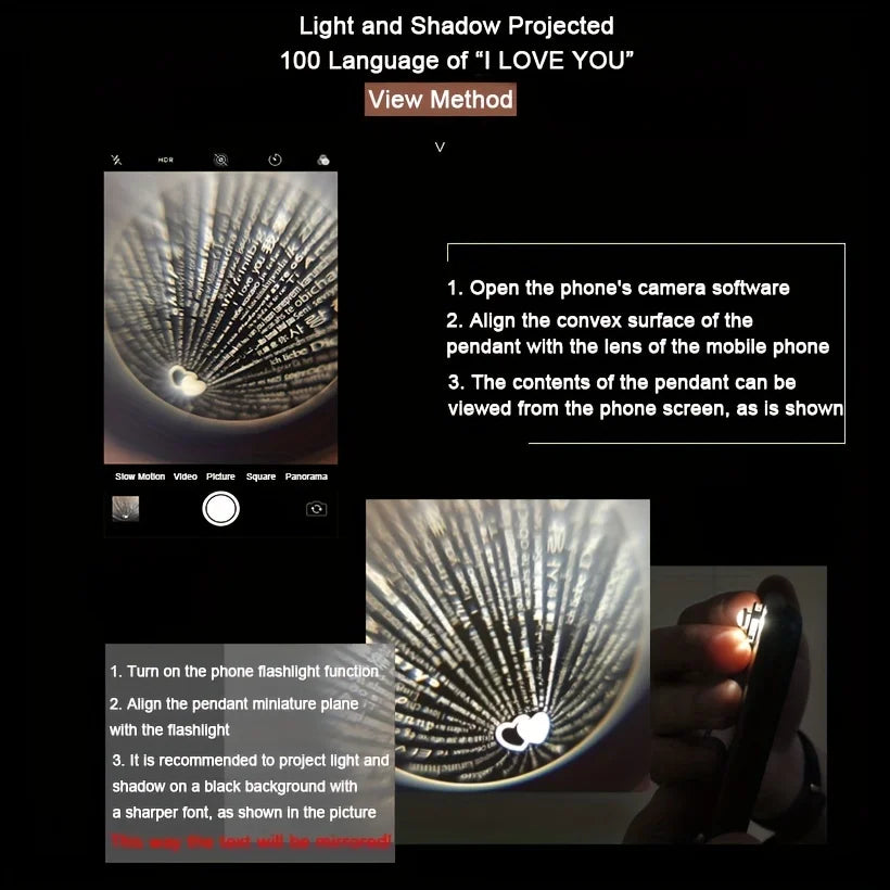 Zestaw Naszyjników Projekcyjnych z Różowym Pudełkiem Prezentowym, 100 Języków 'Kocham Cię', Wisiorek w Kształcie Serca